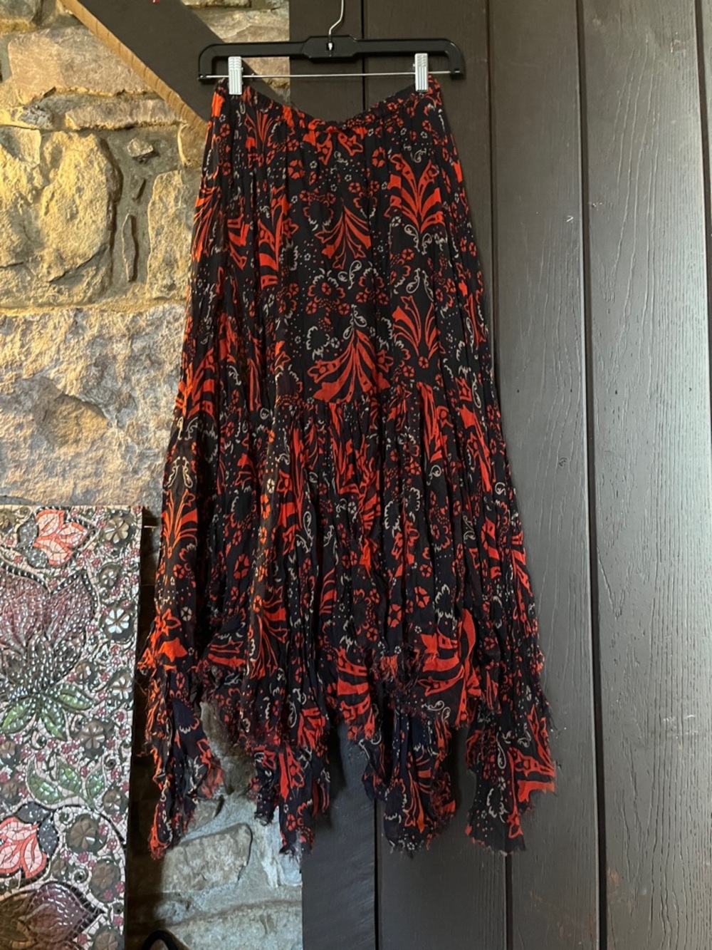 Free People Black & Red Floral Tiered Midi Skirt S